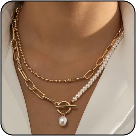 Layered Gold Necklace for Women Non Tarnish Paperclip Pearl Pendant Jewelry Set - Picture 1 of 7